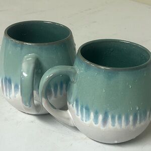Set of Two Green and White Ceramic Mugs